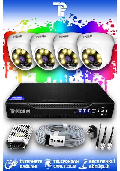 Picam 4 Kameralı Dome 4 İç Kamera Set HDD'siz Full HD Renkli Gece Görüşlü Güvenlik Kamerası Sistemi