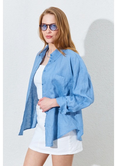 Manche %100 Saf Keten Yıkamalı Lüx Tek Cep Oversize Kadın Gömlek Mks169571-01 Bebe Mavi Manche %100 Saf Keten Yıkamalı Lüx Tek Cep Oversize Kadın Gömlek Mks169571-01 Bebe Mavi