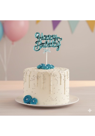 Happy Birthday Krom Pasta Süsü Kürdan Mavi Doğum Günü Pasta Dekoru +3