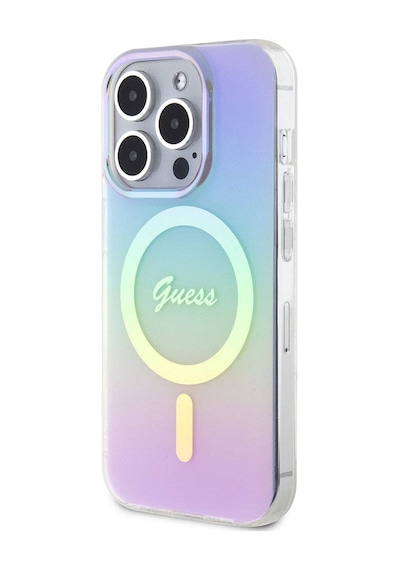Apple Uyumlu iPhone 15 Pro Kılıf Guess Lisanslı Magsafe Şarj Özellikli Yazı Logo Iridescent Siyah