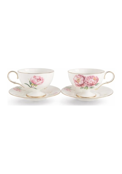 Redrose 2'li Porselen Çay Seti, Pembe Çiçek Desenli, Altın Kenarlıklı, 220cc, Fincan Ve Tabak 2 Kişilik Çok Renkli