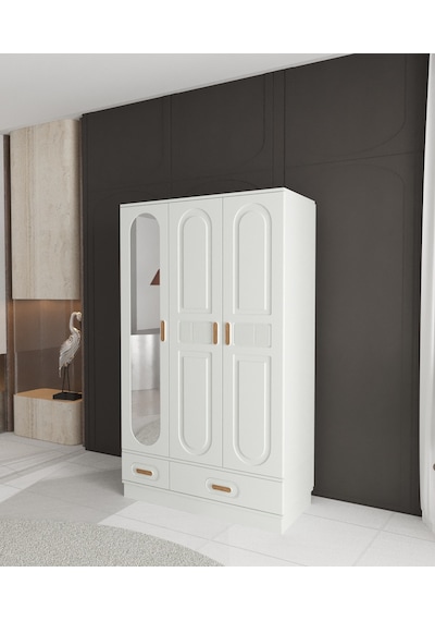 Dova 3 Kapaklı Çekmeceli Bazalı Gardırop - Tamamı Mdf Beyaz