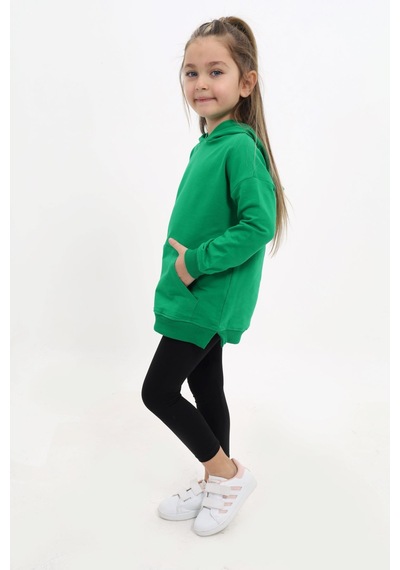 Toontoy Kids Toontoy Kız Çocuk 2'li Takım Baskılı Kapüşonlu Düşük Omuz Cepli Yırtmaçlı Sweatshirt & Basic Düz Tayt Çimen Yeşili