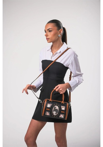 Ççs Kadın Kedi Desenli Vintage Deri Görünümlü Silindir Model Fermuarlı El Ve Omuz Çantası Siyah 18402
