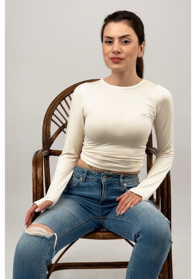 Kadın Bisiklet Yaka Parmak Detaylı Spor Body Basic Soft Touch Spor Crop Ekru