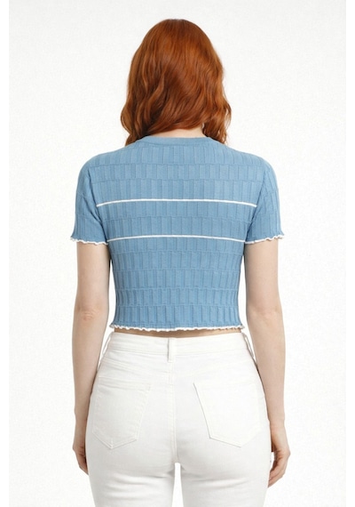 Neden Tekstil Dikdörtgen Desenli Marul Kenar Crop Triko Bluz - Mavi
