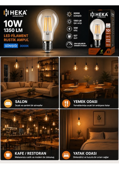 8 Adet Heka 10w Günışığı 3000k E27 Duylu Dim Edilebilir Led Rustik Ampul