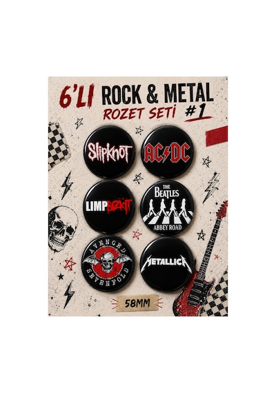 Mashspot 6'lı Rock Metal Rozet Seti 1, 58mm Slipknot Ac/dc Metallica Limp Bizkit Beatles Avenged Sevenfold Çok Renkli