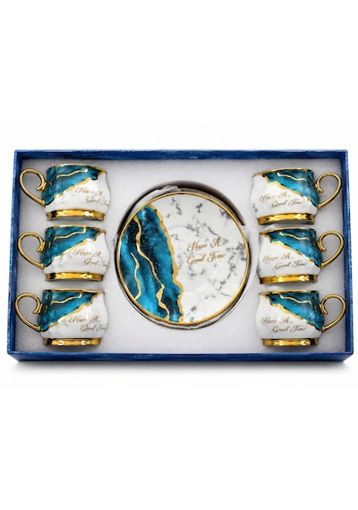 Premium Porselen 6 Kişilik Türk Kahvesi Fincan Takımı Mavi Mermer Desenli Gold Detaylı Şık Hediye Seti Çok Renkli