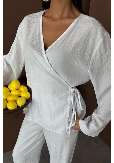 Moderie Butik Kruvaze Model Klasik Pantolonlu Çupra Keten Takım 10191 Beyaz