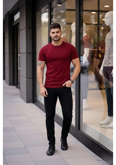 Novalisse Erkek Body Tişört Bisiklet Yaka Slim Fit Likralı T-shirt - Bordo Çoklu Renk