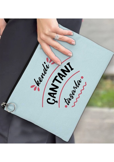 Bk Gift Kişiye Özel Kendin Tasarla Astarlı Portföy Açık Mavi Çanta 30x21cm, Baskılı El Çantası, Organizer Çanta