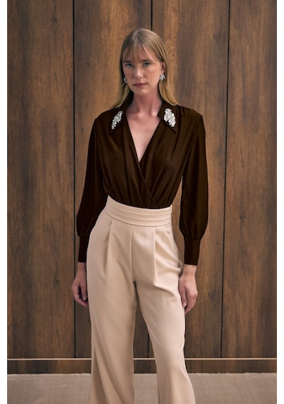 Sateen Aksesuar Detaylı Bodysuit Bluz - Kahve-136190 kahve