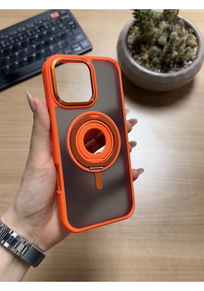 Apple Uyumlu iPhone 16 Pro Standlı Ve Yüzüklü Magsafe Kılıf Soocase721 Turuncu