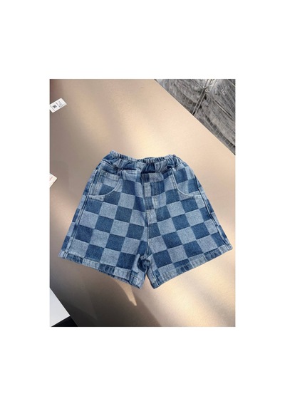 Poala Kids Damalı Denim Balloon Şort Mavi