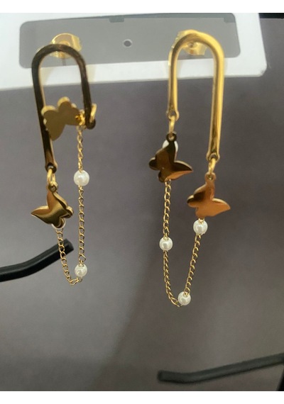 Kelebek Ve İncili Sarkık Çelik Küpe