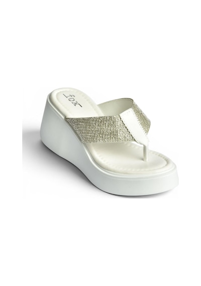 Fox Shoes Y973525309 Beyaz Taş Detaylı Parmak Arası Kalın Tabanlı Kadın Terlik