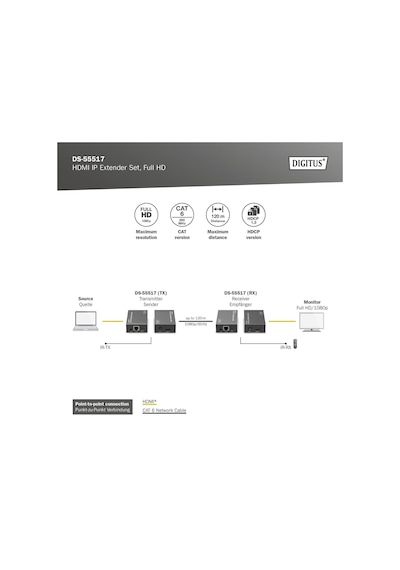 Digitus Hdmı Ip Görüntü Aktarıcı Extender Seti 120 M, 1080p 60hz, Cat6/7/8, Ds-55517