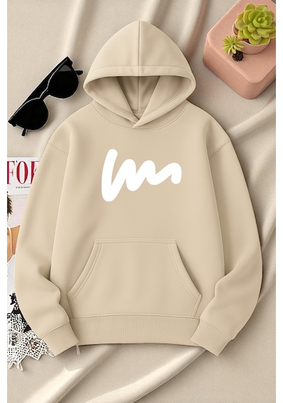 Uyguntarz Unisex W Baskılı Oversize Sweatshirt Bej
