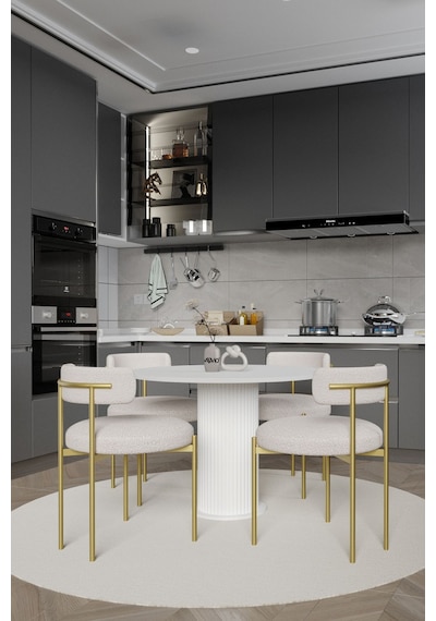 Avvio Armony Ptt Lake Mdf Ayak 4'lü Teddy Sandalye 90x90 Masa Sandalye Takımı Sandalye Bukle Kumaş Beyaz