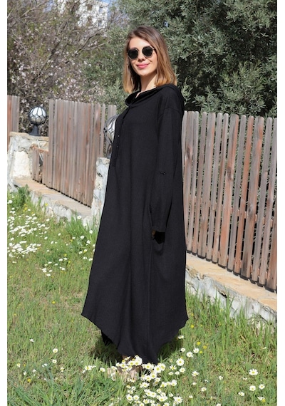 Toridas Keten Günlük Yazlık Salaş Kadın İki Katlı Elbise Bt225siyah3 001