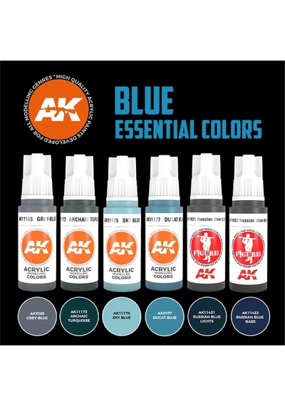 Ak Interactive 11618, 6x17 Ml. Temel Mavi Renkler Akrilik 3gen Maket Boyası Seti Standart