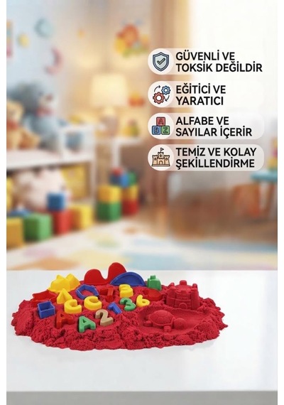 Sihirli Eğitici Oyun Kumu 1000 Gr 43 Parça Kinetik Kum Seti Alfabe Ve Sayı 3d Kalıplı Çocuk Oyuncağı Kırmızı