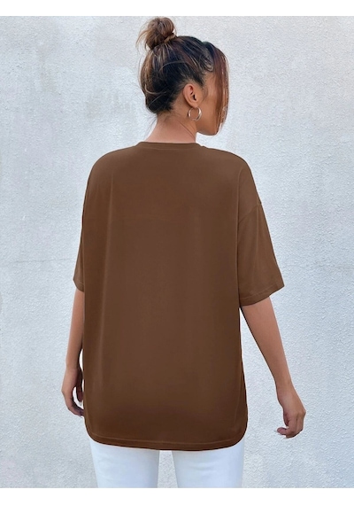 Flood Of Style Kadın Kahverengi Nashvılle Baskılı Oversize Bisiklet Yaka Tişört