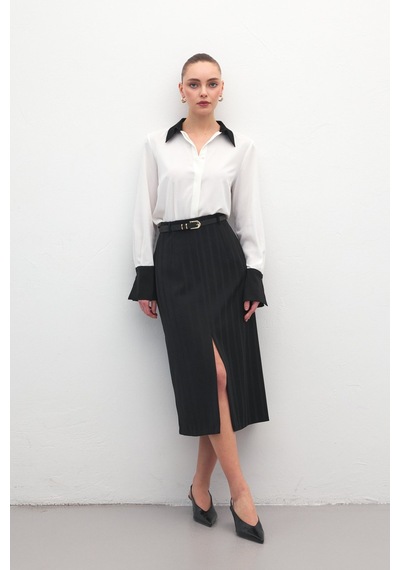 Sateen Anna Yırtmaçlı Etek - Siyah-137172 Siyah