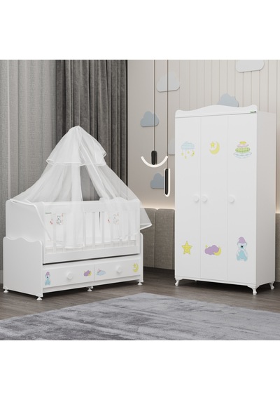 Elegant Beşik Ve Yıldız 3 Kapaklı Dolap Yatak Uykuseti - Uykucu Beyaz