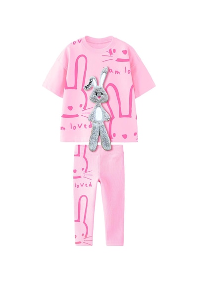 Monila Kız Çocuk Pamuklu Kumaş 3 Boyutlu Peluş Tavşan Detaylı Tshirt Tayt Alt Üst Takım Pembe