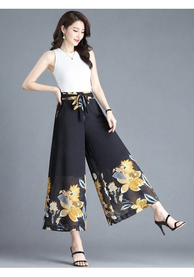 Efnaz Style Kadın Yüksel Bel Belinde Kuşak Detaylı Çiçek Baskılı Astarlı Şifon Pantolon Sarı