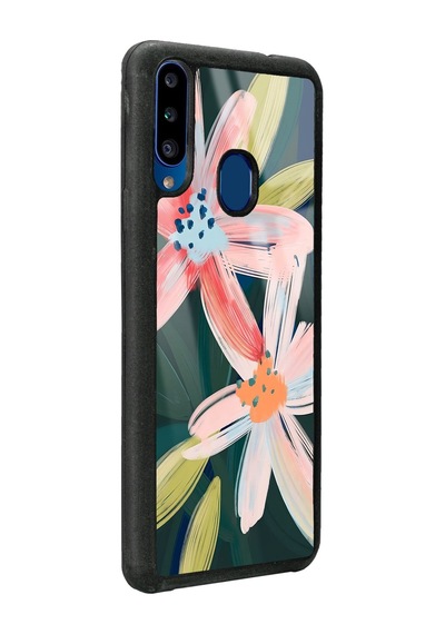 Samsung Uyumlu A20s Suluboya Çiçek Tasarımlı Glossy Telefon Kılıfı Siyah
