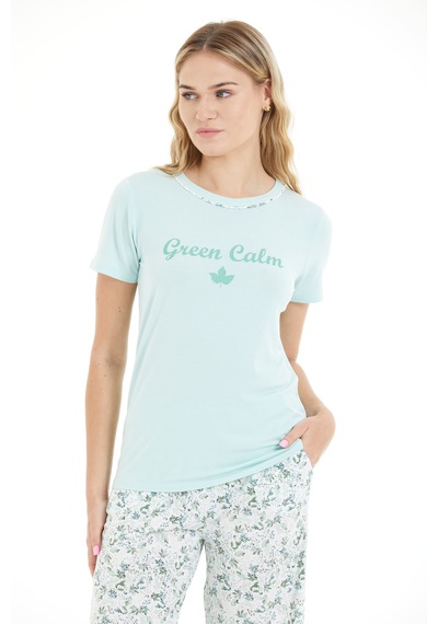 Lılac Kadın Çiçek Desenli %100 Viscon Capri Pijama Takımı Mint Yeşili