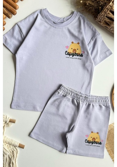 C & O Kız Çocuk Capybara Baskılı Yazlık Tişört Ve Şort Takım Lila