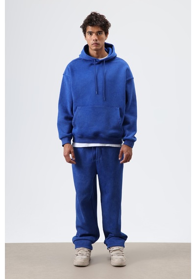 Vamos Basic Oversize Yıkamalı Hoodie Saks Mavi