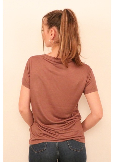 Rich Kadın O Yaka T-shirt %100 Pamuk Tişört Kahverengi