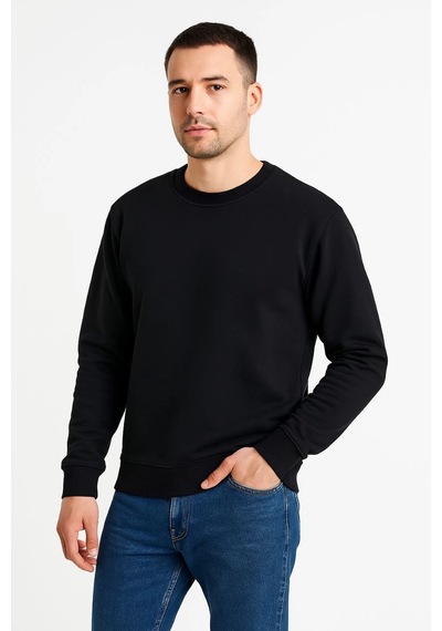 Ertaştrendstore Erkek 3 İplik Pamuklu Düz Bisiklet Yaka Sweatshirt - Siyah Çok Renk