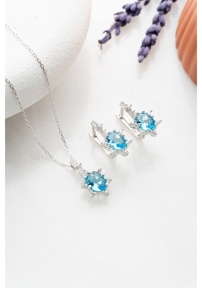 Nereze 925 Ayar Gümüş Aquamarin Oval Taşlı Küpe Ve Kolye Set
