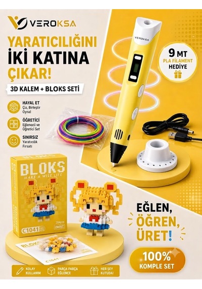Sarı 3d Kalem + 204 Parça Bloks Seti Hayal Et, Çiz, İnşa Et Anime Kız