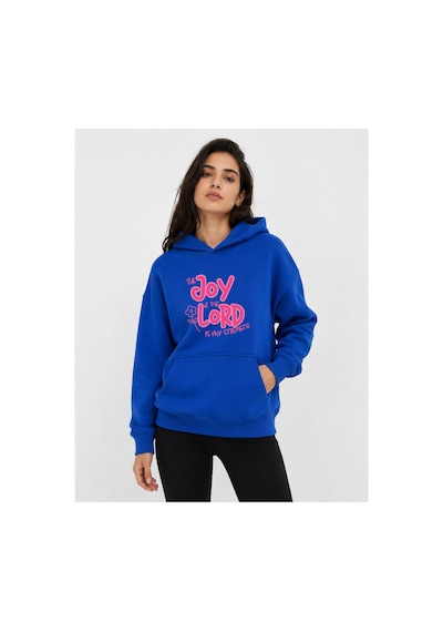 Herkesemoda Joy Lord Baskılı Kapüşonlu 2 İplik Şardonlu Sweatshirt Mavi