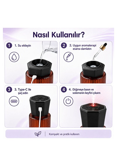 Araç İçi 120 Ml Ultrasonik Hava Nemlendirici Ve Aromaterapi Difüzörü Type-c Şarjlı Koku Siyah