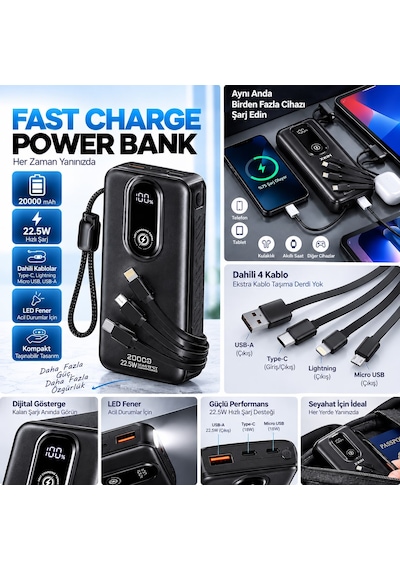 İphone 17 Uyumlu 20000 Mah Powerbank 22.5w Hızlı Şarj 4 Dahili Kablolu Led Fenerli Dijital Göstergeli Siyah
