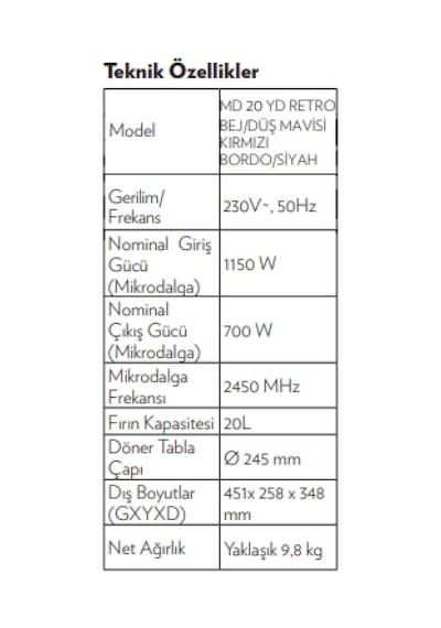 Vestel MD 20 YD Retro Kırmızı Mikrodalga Fırın