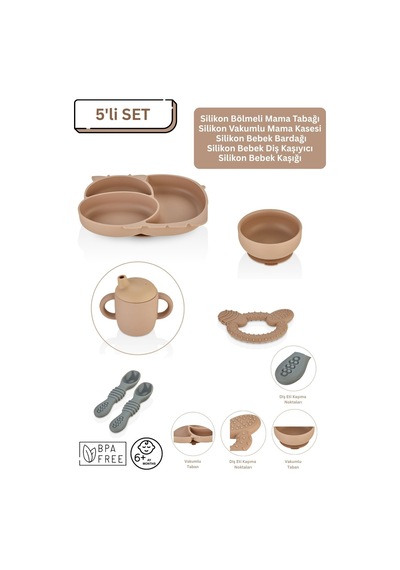 5'li Silikon Set / Bölmeli Mama Tabağı / Kase / Bebek Bardağı / Diş Kaşıyıcı / Mama Kaşığı - Moka Mocca