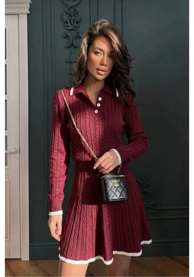 Sayzen Your Shine Polo Yaka Saç Örgülü Kazak-etek Triko Takım Sy-25100 Bordo
