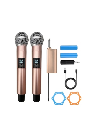 Nm-store Profesyonel Çiftli Kablosuz Mikrofon Seti Karaoke Şarj Edilebilir 50 Metre Mesafe Rose
