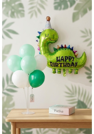 Happy Birthday Yeşil Dinozor Balon Stand Seti Şeffaf 7 Li Stand + Yeşil Dinozor Folyo Balon 78 86 Cm + 7 Lateks Balon