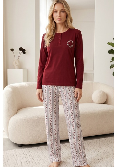Siyah İnci Nakışlı Düğmeli Pamuklu Likralı Örme Pijama Takım26240351 Bordo
