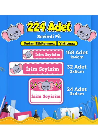 Sevimli Fil Temalı Okul Kreş Kişiye Özel İsim Etiket Seti - Model 62 Çok Renkli
